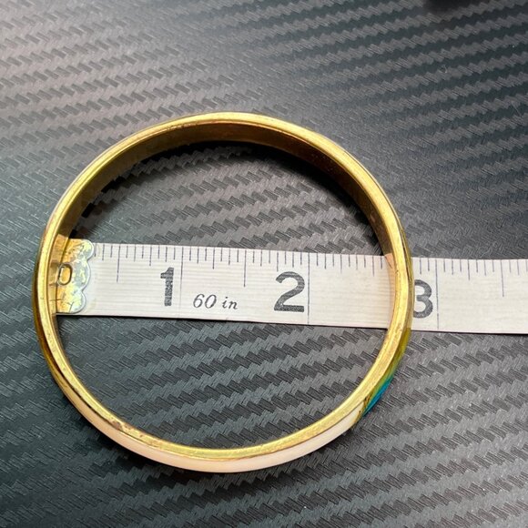 Vintage Enamel Peacock Feather Bangle Gold-Tone Bracelet Cream Blue Green - Picture 11 of 11